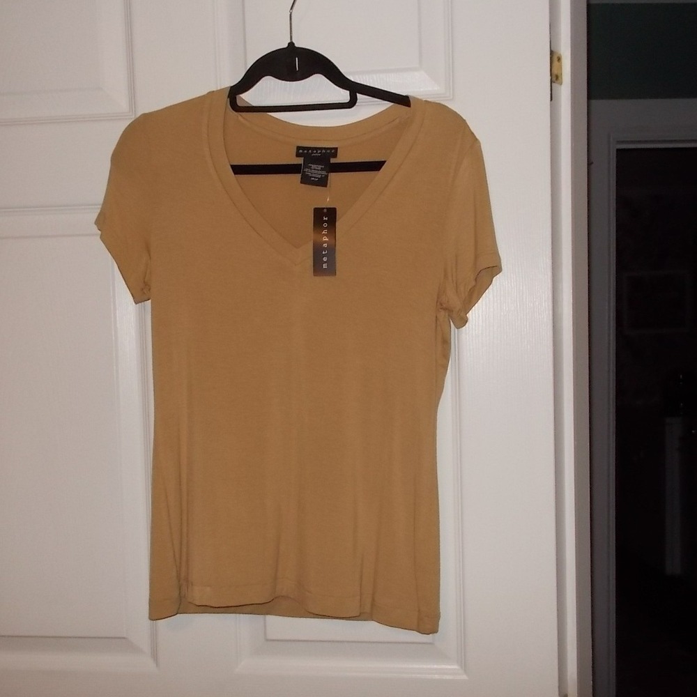 Metaphor Petite Womens V-Neck Short Sleeve T-Shirt Tan Mustard Yellow SP NWT